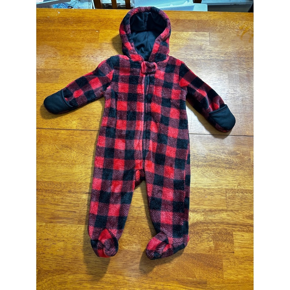 Baby Fleece Bunting Pram Suit Red Black Buffalo Plaid Hooded Footed 3-6 Months
